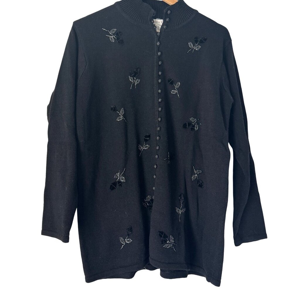 Vintage Victoria Jones Black Beaded Mock Neck Buttoned Sweater Cardigan, Size M